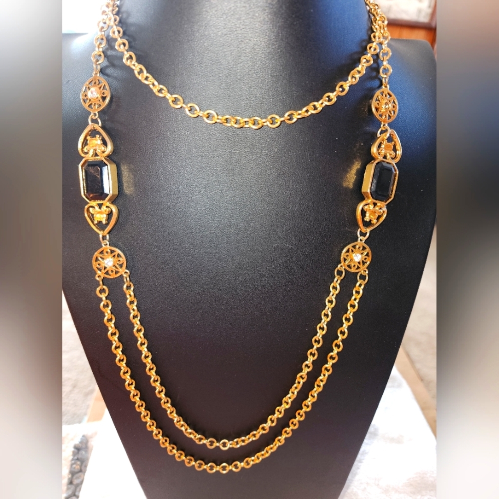 Stunning Vintage Double Chain Necklace with Black Glass & Filigree Accents